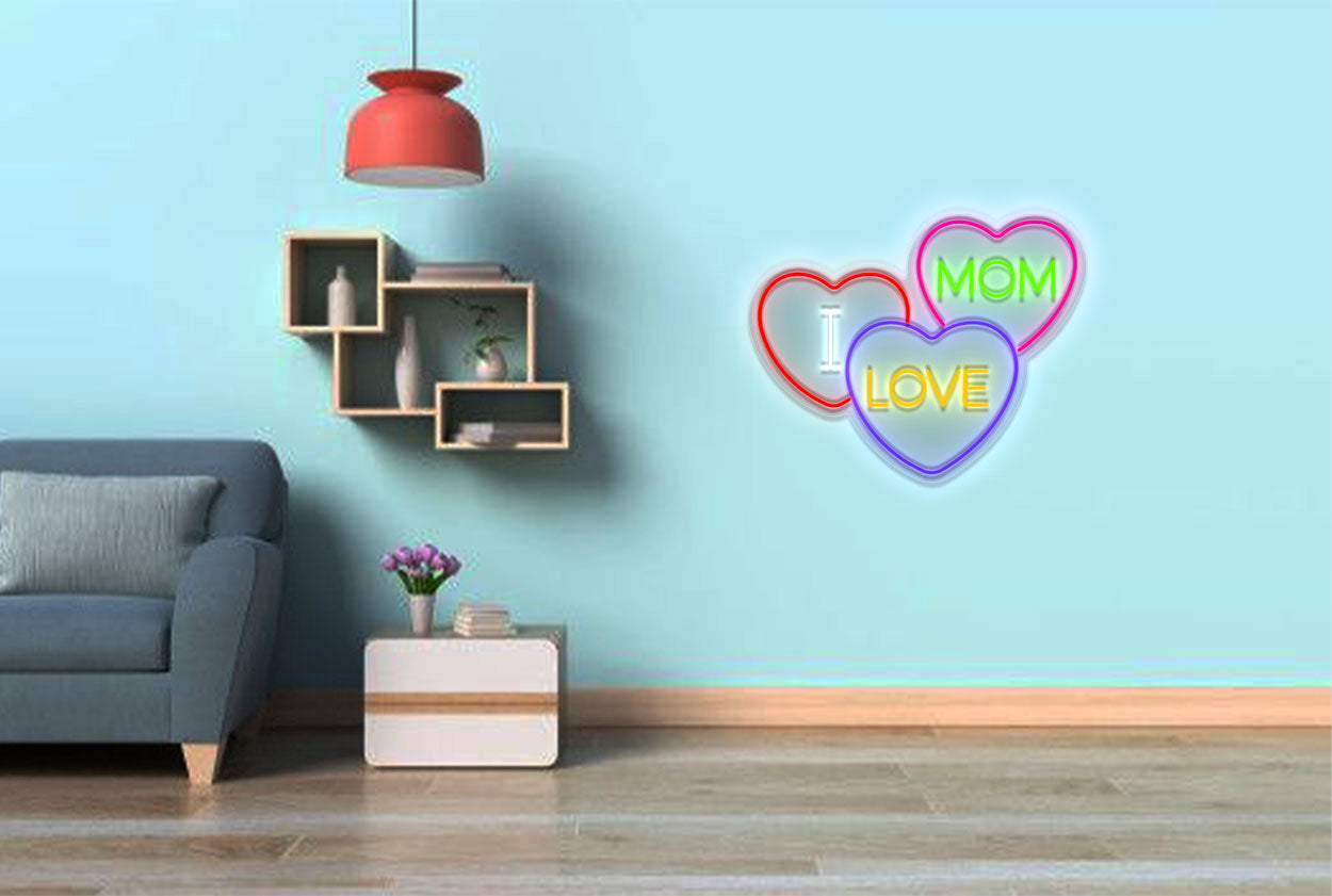 "I Love Mom" inside 3 different Hearts LED Neon Sign