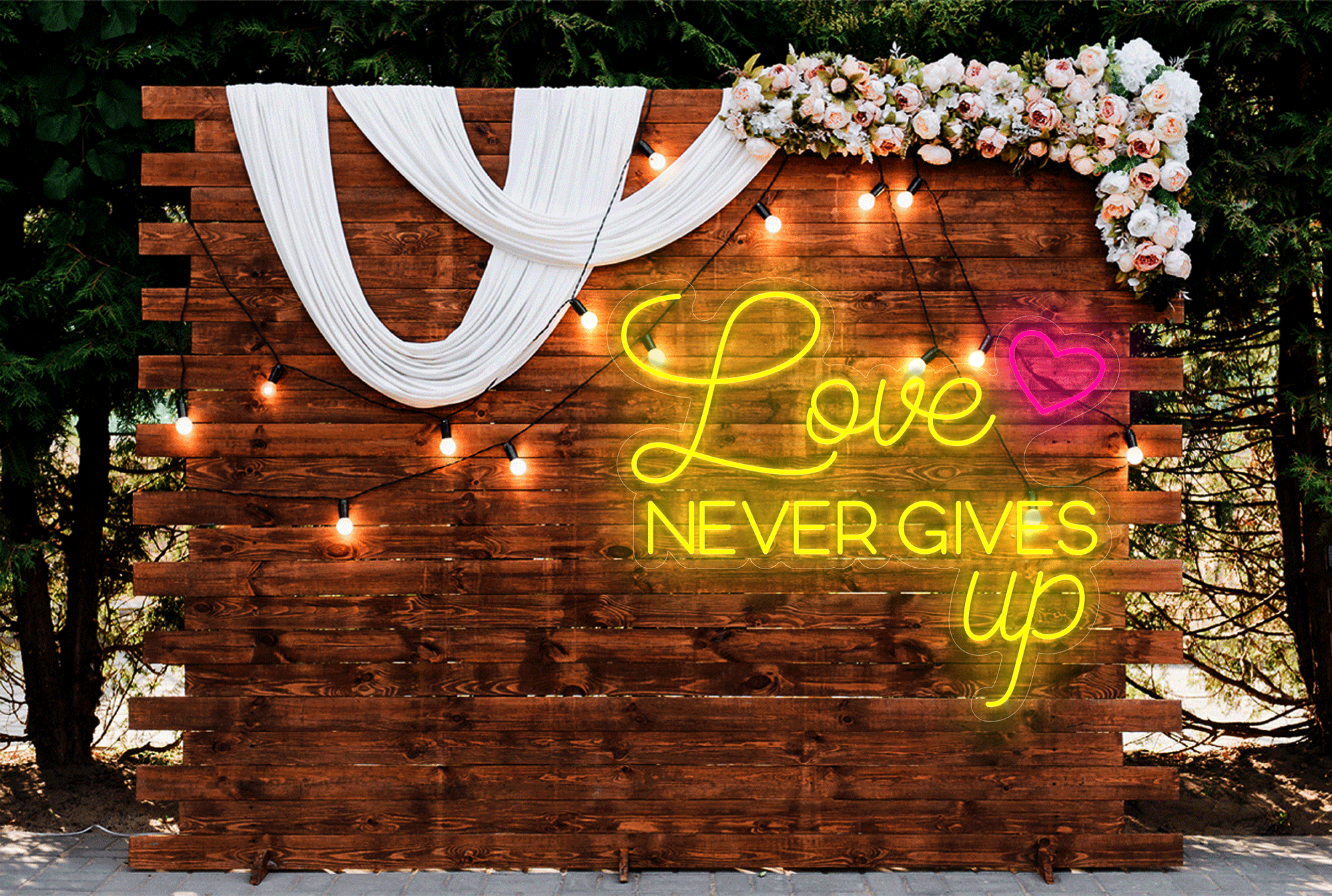 "Love Never Gives Up" with Small Heart LED Neon Sign