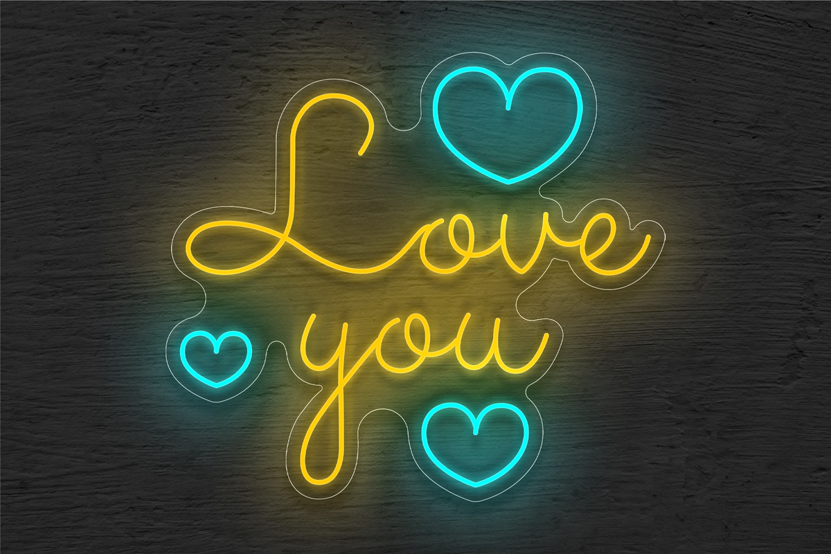 &quot;Love You&quot; with 3 Hearts LED Neon Sign