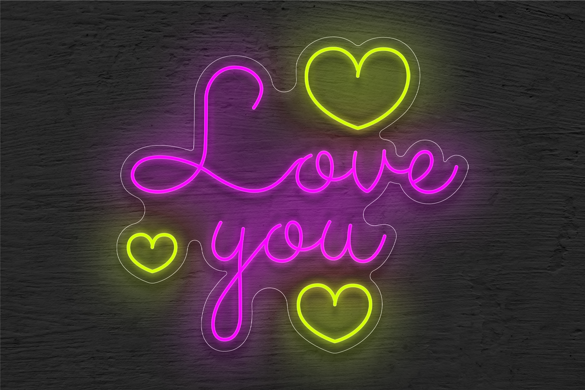 &quot;Love You&quot; with 3 Hearts LED Neon Sign