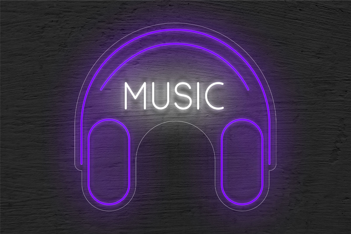 &quot;Music&quot; and Headphones Logo LED Neon Sign
