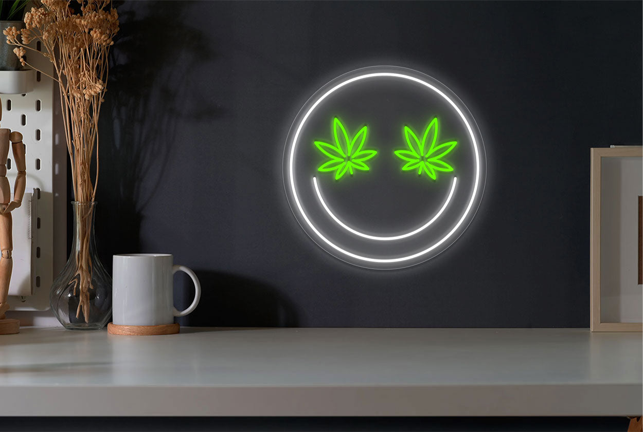 Smiling Emoji with Cannabis Eyes LED Neon Sign